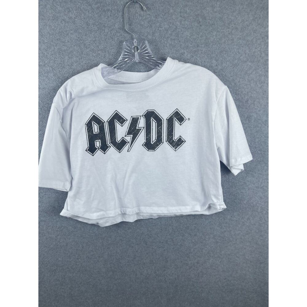 AC DC Cropped Shirt Womens S White Short Sleeve Tee‎ Rock Metal Band Concert